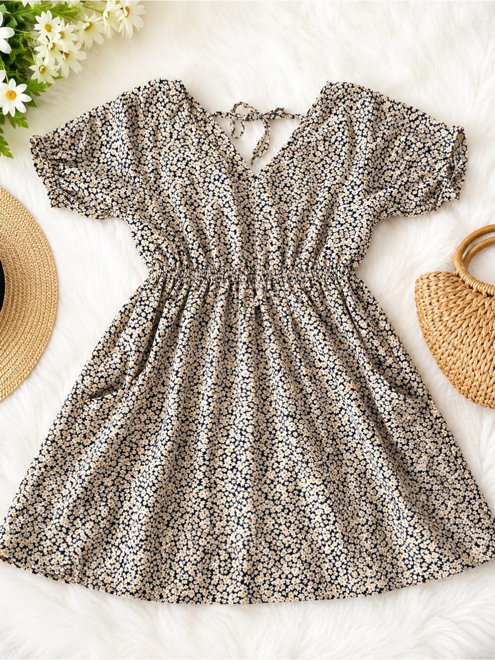 Staccato Floral Pocket Mini Dress Cottagecore Blue Cream M